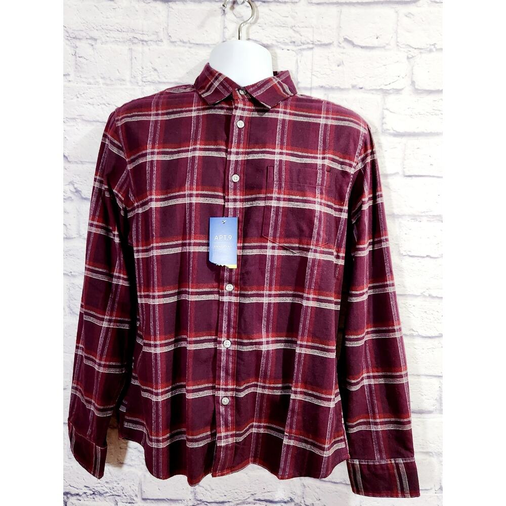Apt 9 Burgundy Plaid Button Up Pointed Collar Shirt Medium New With Tags